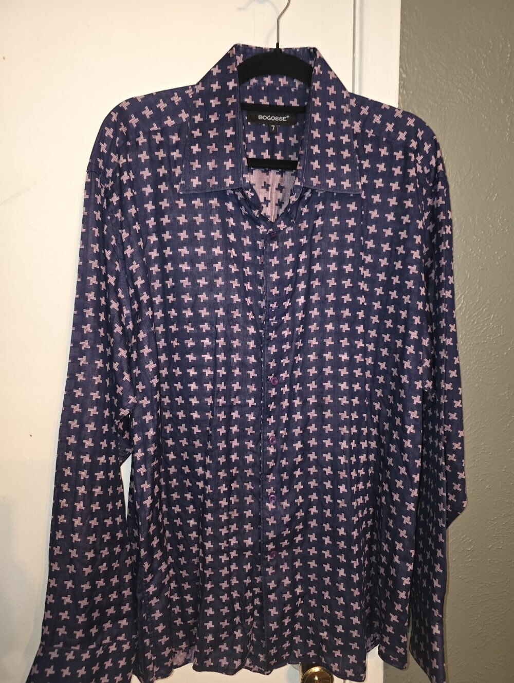 BOGOSSE Men's Navy Button-Down Shirt with Pink Cross Print